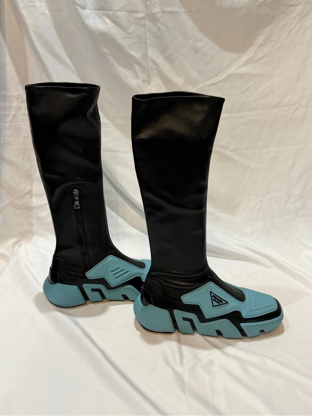 Prada Runway Techno Stretch Boots with Light Blue Platform Soles size 40